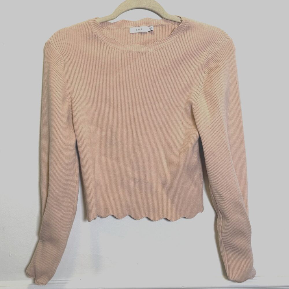 Lush Ribbed Knit Crop Sweater Oatmeal Cutout Sleeve Scalloped Hem Small